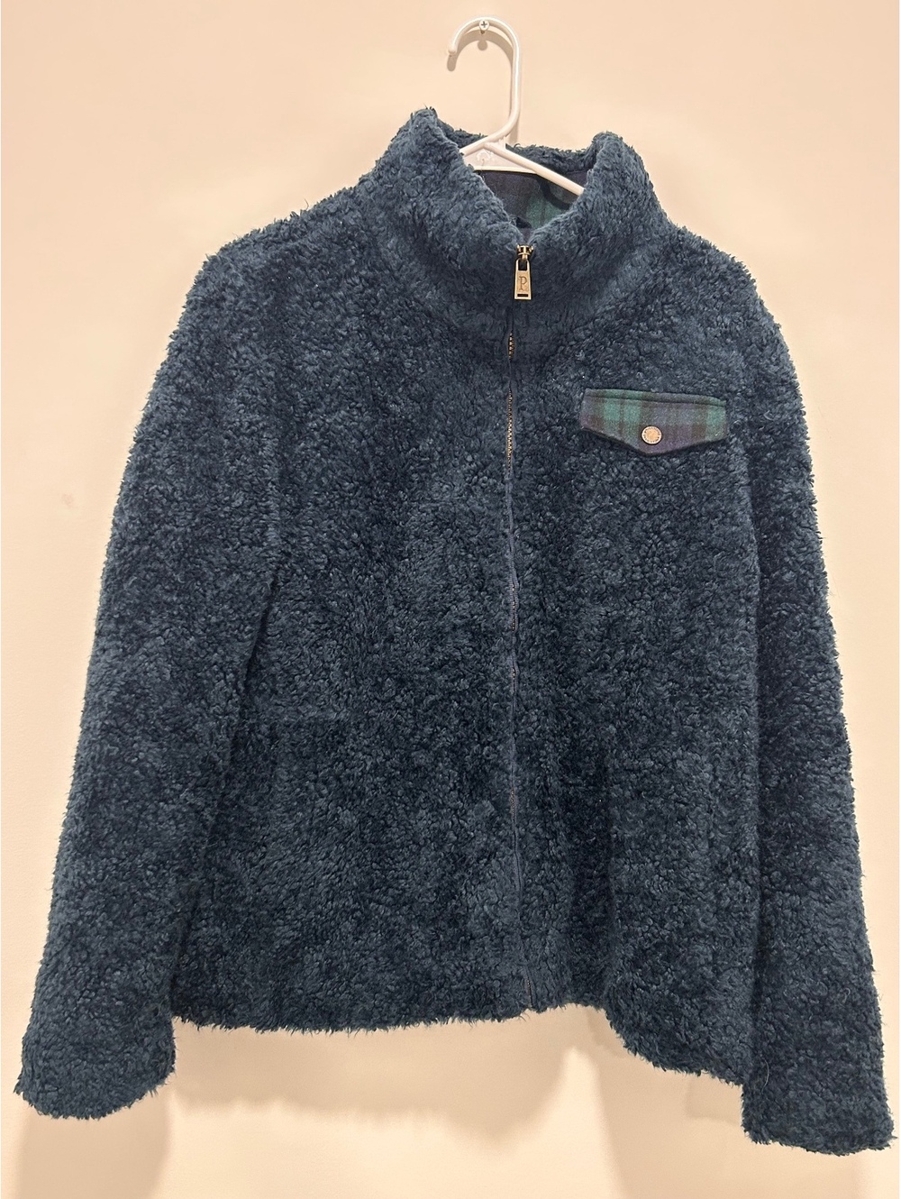 Pendleton Navy Blue Sherpa Fleece Jacket with Plaid Accents, Size L